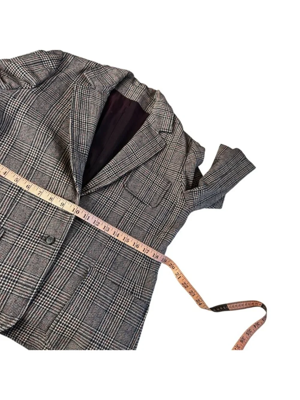 Vintage 70s Houndstooth Plaid Blazer Navy Burgundy Wool Look Tailored Jacket
